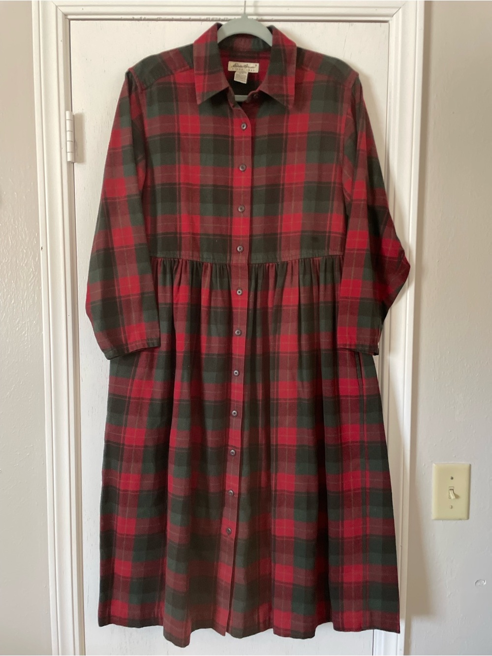 Eddie Bauer Red and Green Plaid Cotton Shirt Dress